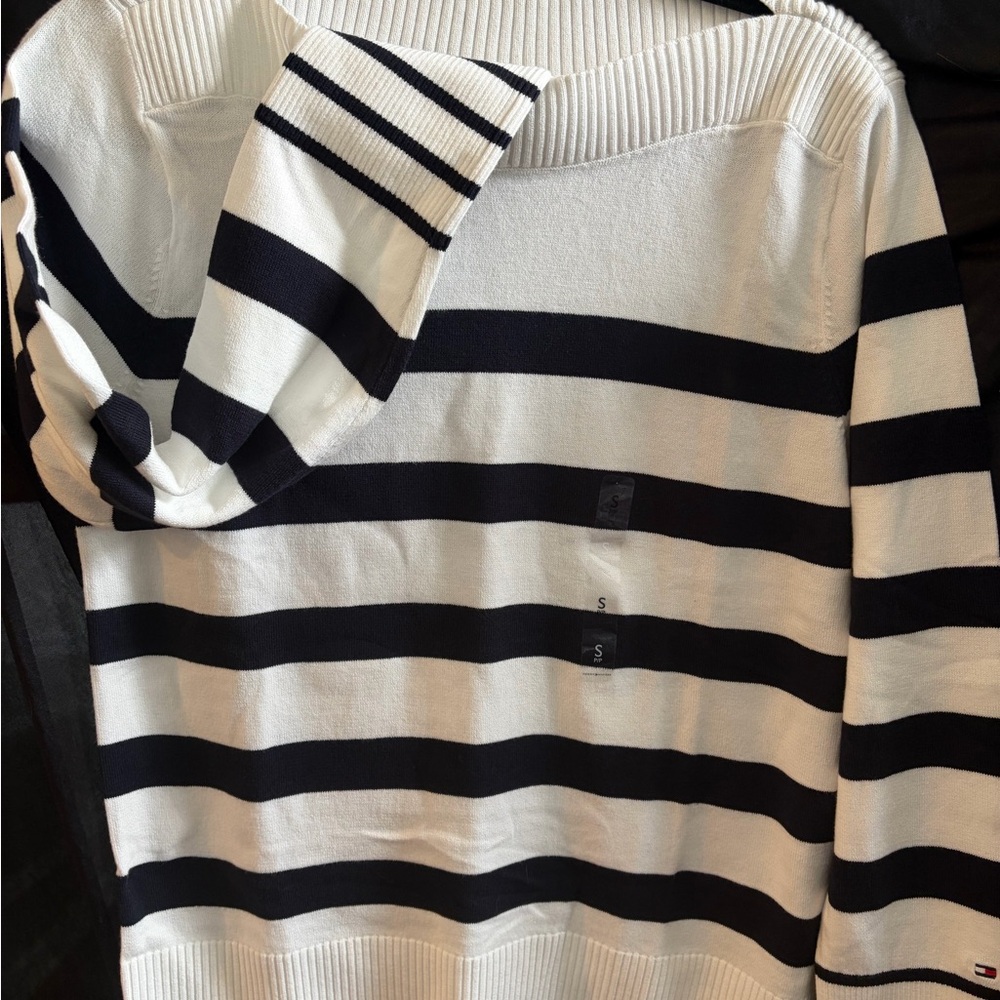 Navy and White Striped Long Sleeve Women's Top - Picture 3 of 4